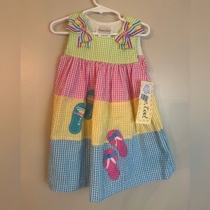 NWT Rare Too Colorblock Gingham Sundress with Flip Flop Appliqués 2T